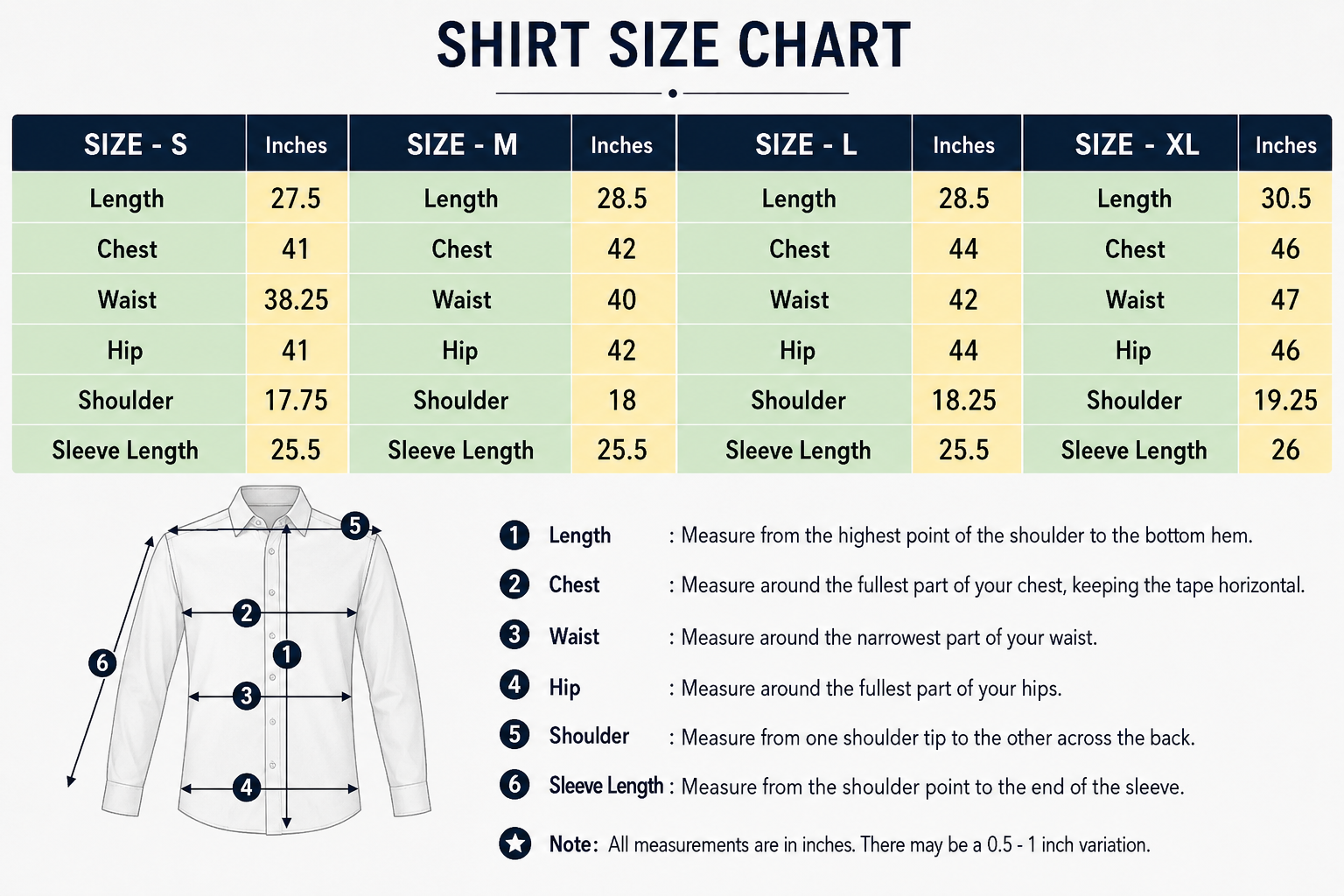 Product size chart